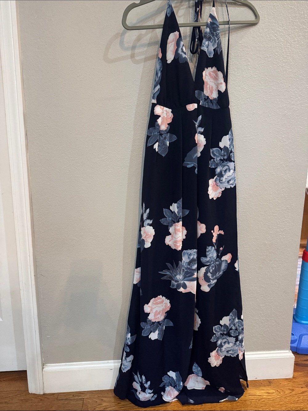 Floral Halter Maxi Dress - Navy with Blush Flowers